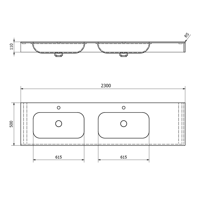 EMICO umywalka podwójna lewa, 230x50 cm, wersja L, Rockstone biały mat EM230-B2L-L rysunek techniczny