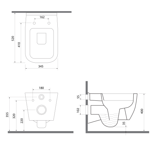 VEA WC wiszące, Rimless, 34,5x52 cm, biały 10VA02001  rysunek techniczny