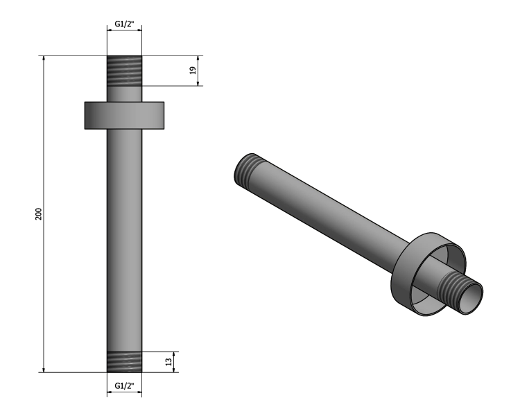 Ramię deszczowni sufitowe 20 cm okrągłe czarny mat 1205-05B rysunek techniczny