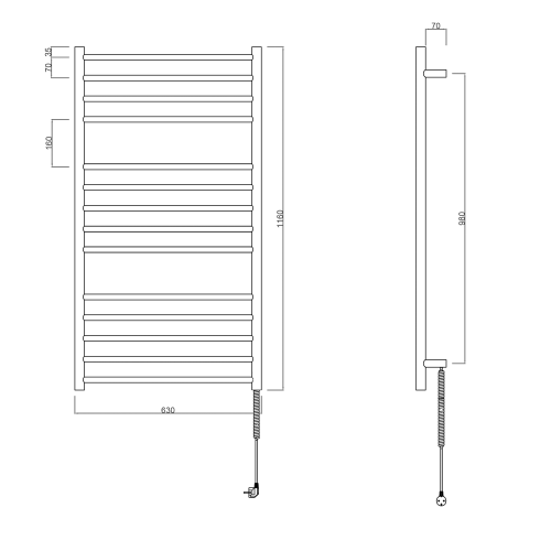 REDONDO elektryczna suszarka na ręczniki, okrągła, 630x1160 mm, 130 W, stal nierdzewna polerowana ER230V  rysunek techniczny