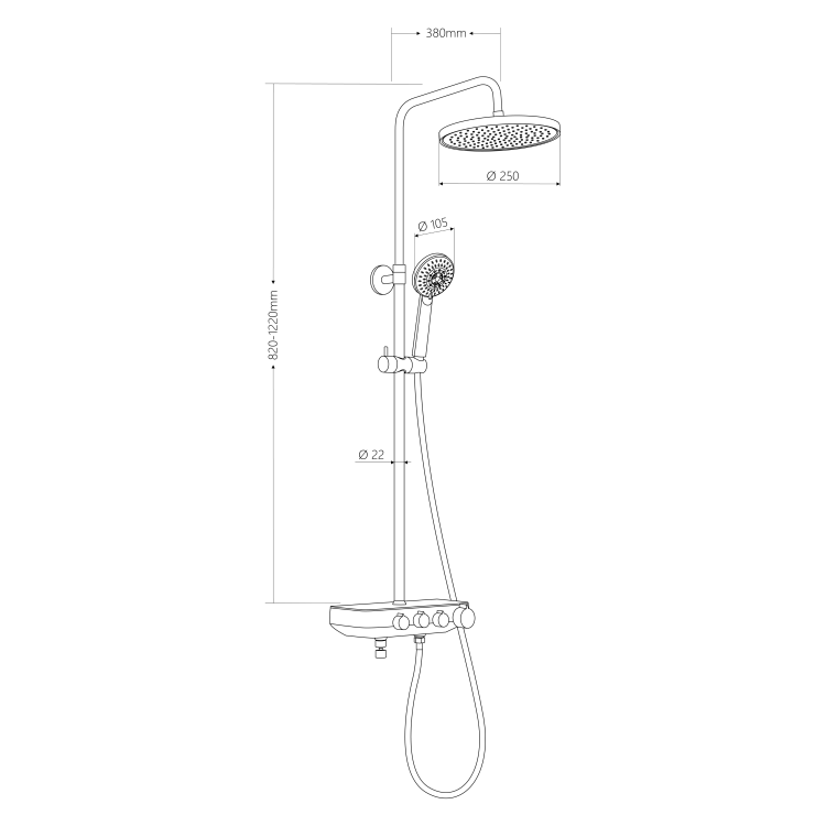 rysunek techniczny FARRAO zestaw prysznicowy z baterią, wylewka, chrom SL450