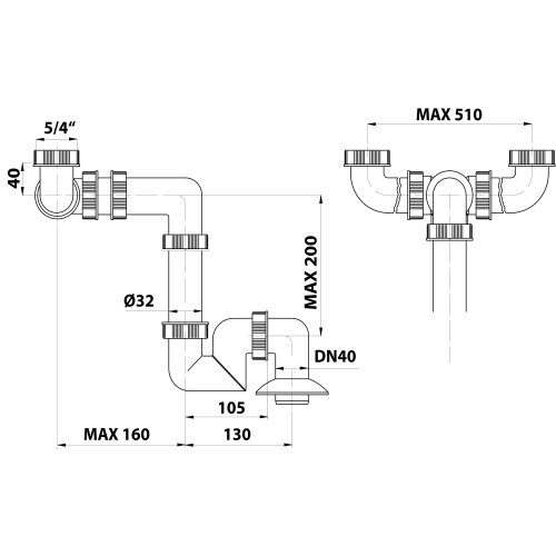 Syfon umywalkowy podwójny, 5/4", DN40, biały 151.132.0  rysunek techniczny