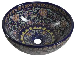 PRIORI Umywalka ceramiczna nablatowa, okrągła 41x15,5 cm, fioletowa z ornamentem PI022