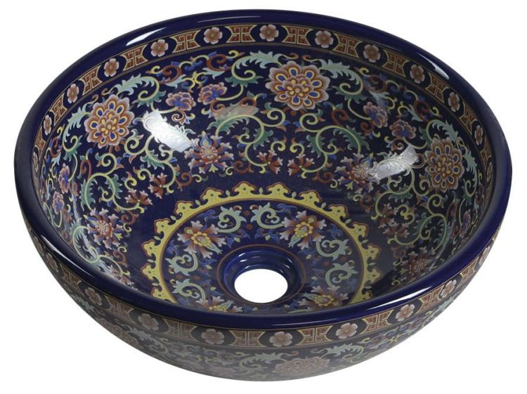 PRIORI Umywalka ceramiczna nablatowa, okrągła 41x15,5 cm, fioletowa z ornamentem PI022