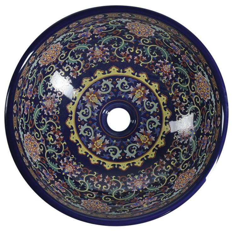 PRIORI Umywalka ceramiczna nablatowa, okrągła 41x15,5 cm, fioletowa z ornamentem PI022 z góry