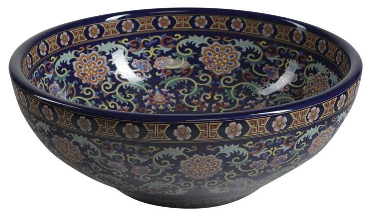 PRIORI Umywalka ceramiczna nablatowa, okrągła 41x15,5 cm, fioletowa z ornamentem PI022 bok
