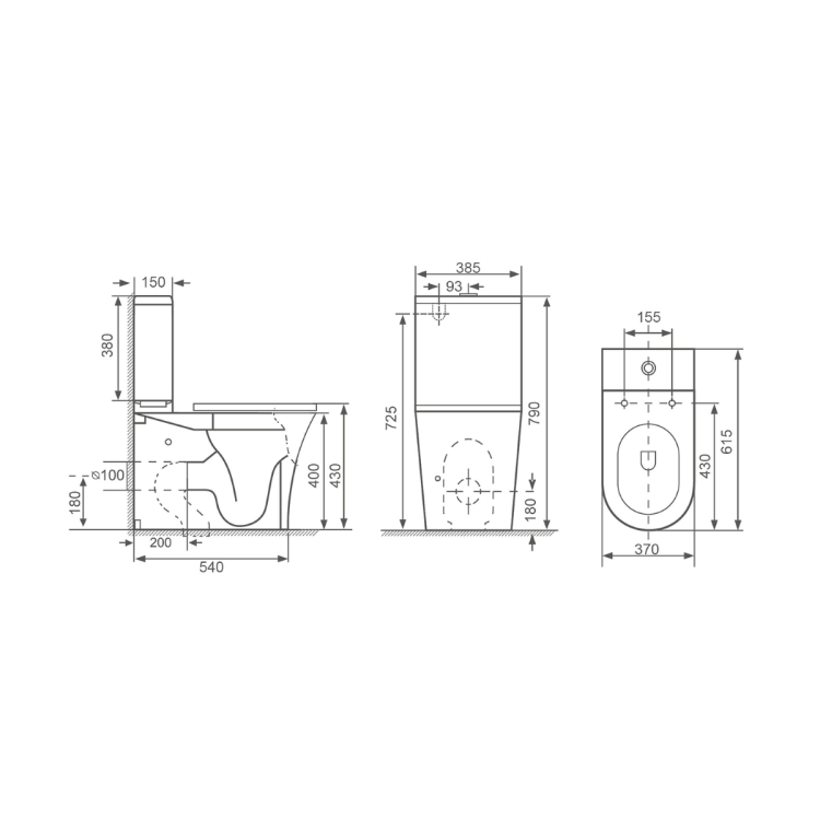 LEON RIMLESS kompakt WC, odpływ poziomy/pionowy, biały 201.437.4 rysunek techniczny