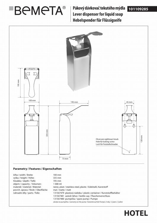 Dozownik do mydła 1000ml stal nierdzewna 101109285 rysunek techniczny
