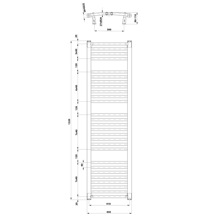 ORBIT grzejnik łazienkowy owalny , 450x1320 mm, 594 W, biały ILO34T rysunek