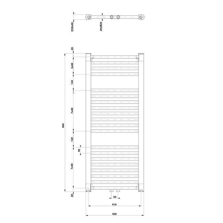AQUALINE Grzejnik łazienkowy biały 447 W 450x960 mm ELM94T rysunek techniczny