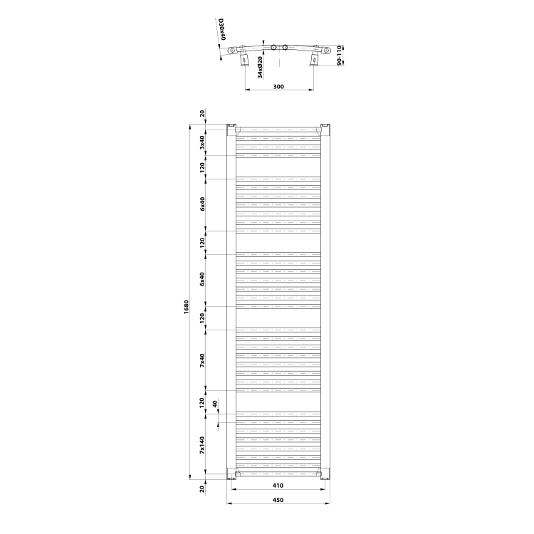ORBIT grzejnik łazienkowy owalny, 450x1680 mm, 757 W, biały ILO64T rysunek