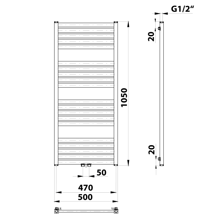 GRUNT grzejnik łazienkowy 500x1050 mm, podłączenie środkowe, biały 600.121.4  rysunek