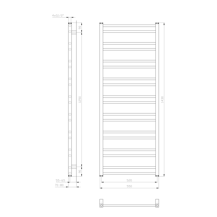 METRO DOS grzejnik łazienkowy 500x1430 mm, 476 W, biały IR430T rysunek techniczny