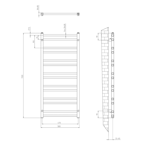 METRO DOS grzejnik łazienkowy 500x1100 mm, 343 W, czarny mat IR432TB rysunek techniczny