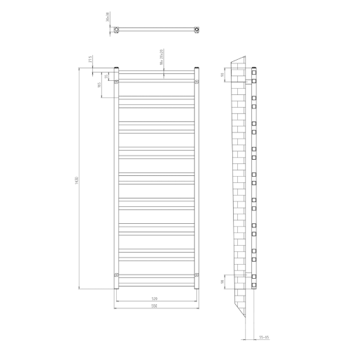 METRO DOS grzejnik łazienkowy 550x1430 mm, 476 W, czarny mat IR430TB rysunek techn