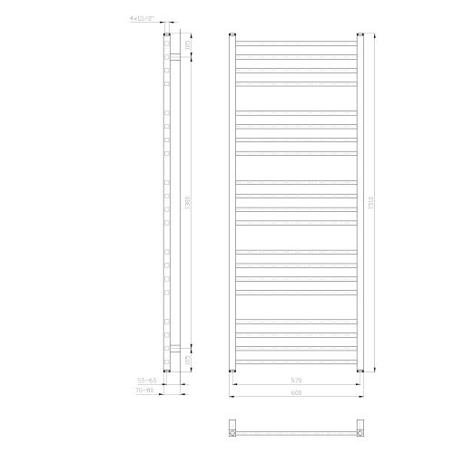 METRO Grzejnik łazienkowy biały 557 W 600x1510 mm IR420T rysunek techniczny