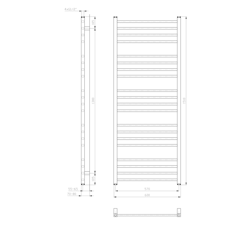METRO Grzejnik łazienkowy biały 557 W 600x1510 mm IR420T rysunek techniczny