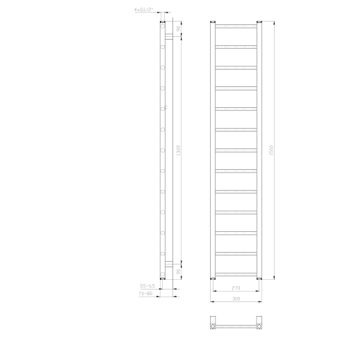 METRO LIGHT grzejnik 300x1500mm, 276 W, biały IR446T rysunek techniczny