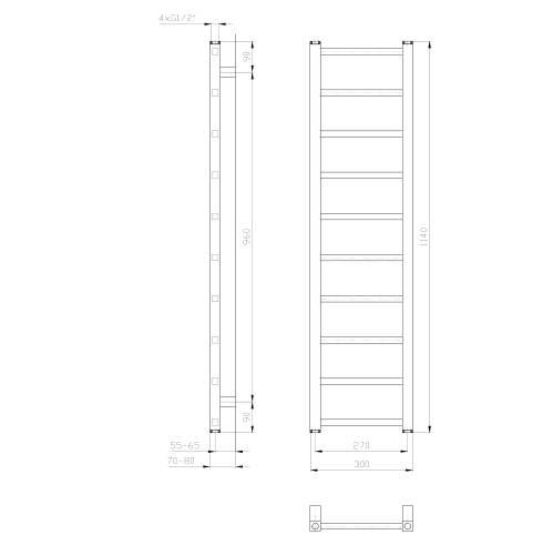 METRO LIGHT grzejnik 300x1140mm, 211 W, biały IR444T rysunek techniczny