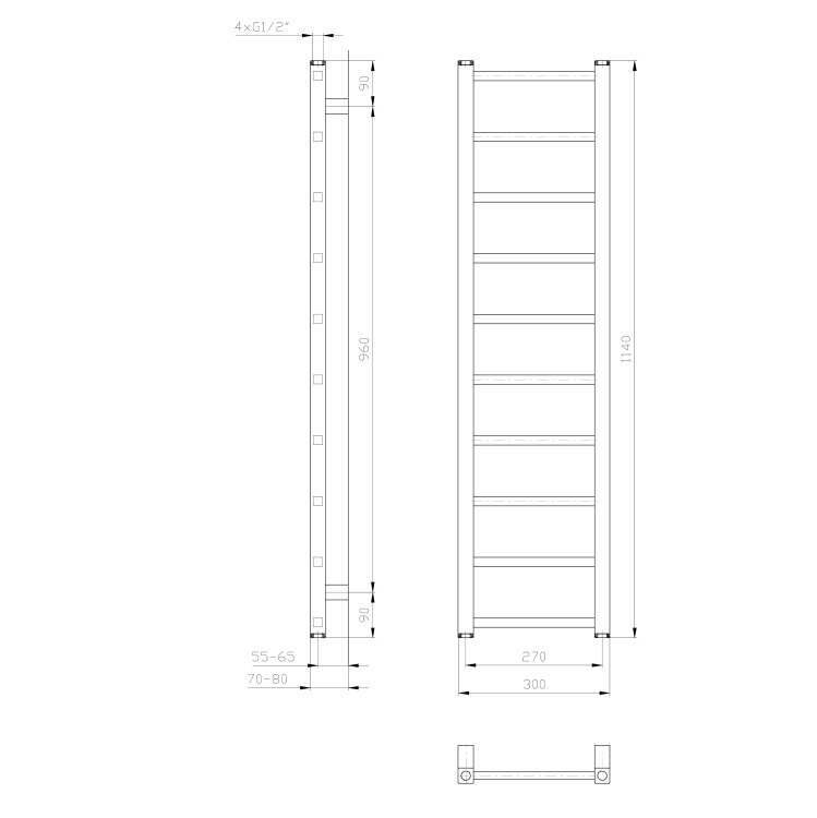 METRO LIGHT grzejnik 300x1140mm, 211 W, biały IR444T rysunek techniczny