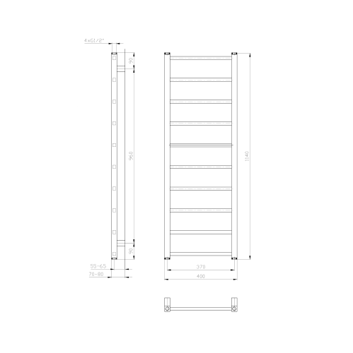 METRO LIGHT grzejnik 400x1140mm, 247 W, biały IR445T rysunek techniczny