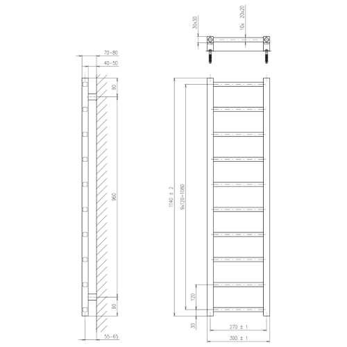 METRO LIGHT grzejnik 300x1140mm, 211 W, czarny mat IR444TB  rysunek techniczny