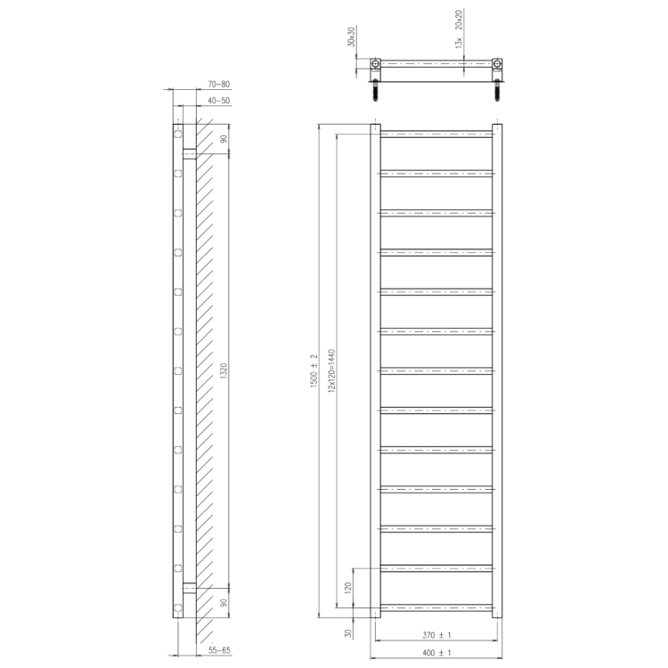 METRO LIGHT grzejnik 400x1500 mm, 323 W, czarny mat IR447TB rysunek techniczny