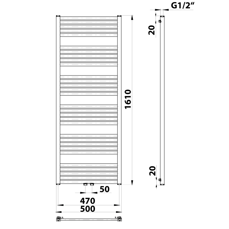 GRUNT grzejnik łazienkowy 500x1610 mm, podłączenie środkowe, czarny mat 600.123.6 rysunek