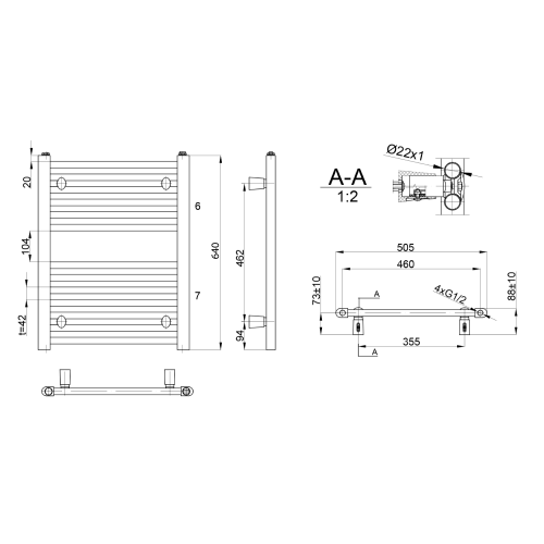 DIRECT Grzejnik łazienkowy biały 360 W 500x640 mm ILR65T rysunek techniczny