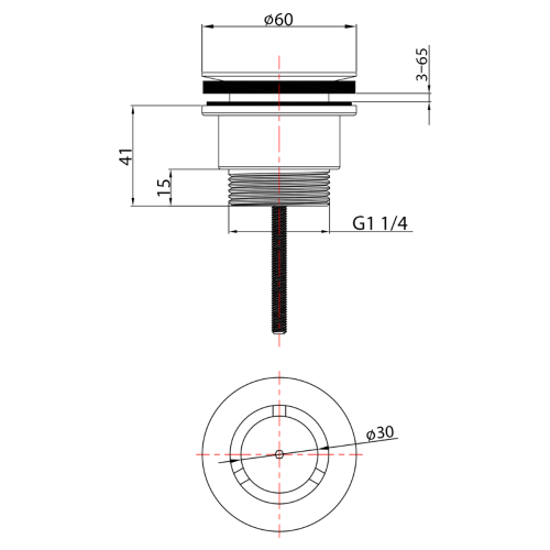 Korek umywalkowy 5/4'', niezamykany, wys: 3-65 mm, chrom CV2005 rysunek techniczny