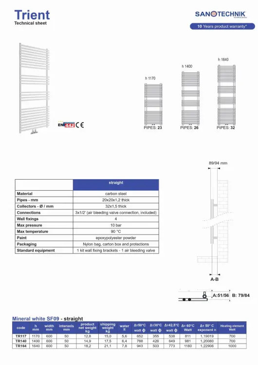 TRIENT Grzejnik łazienkowy 1640x600 mm 943 W czarny mat TRS164 rysunek techniczny