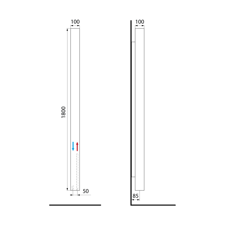 CUBIQ grzejnik łazienkowy 100x1800 mm, 365 W, biały mat LQ284  rysunek techniczny