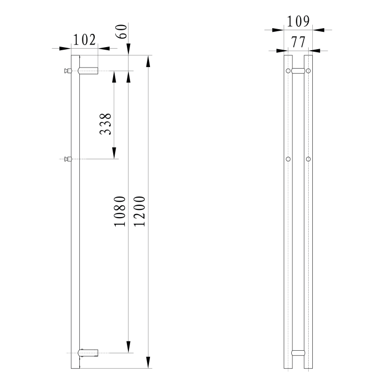 PAPINADO elektryczna suszarka na ręczniki, 109x1200 mm, 40W, czarny mat ER340 rysunek techniczny