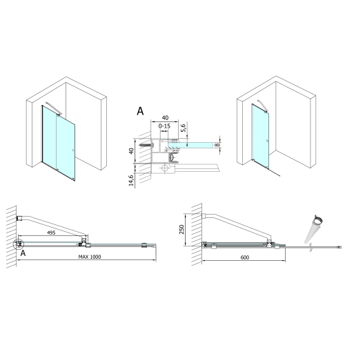 MODULAR SHOWER ścianka z wysuwanym panelem 1600 mm, chrom MS5-160  rysunek techniczny