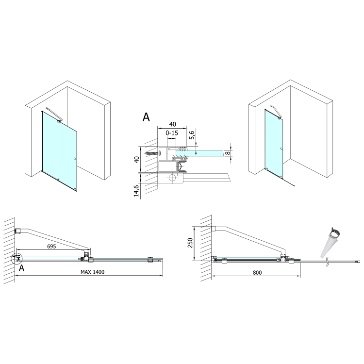 MODULAR SHOWER ścianka z wysuwanym panelem 1400 mm, chrom MS5-140 rysunek techniczny