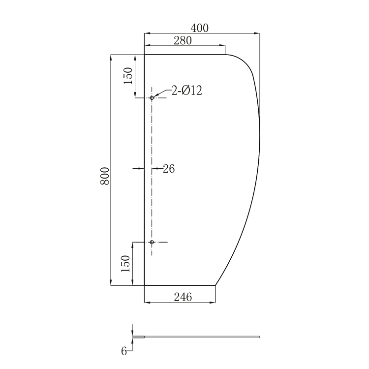 Przegroda międzypisuarowa szkło mleczne 80x40 cm 2502-05 rysunek techniczny