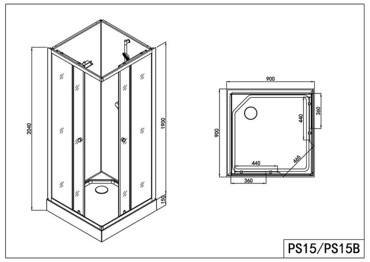 FORTE 2 Kabina prysznicowa kwadratowa wolnostojąca 90x90x203 cm PS15 rysunek techniczny