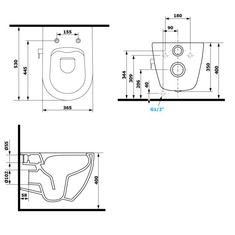 INFINITY WC wiszące Rimless, z prysznicem bidetowym i zawor, 36,5x53 cm, biały 10NFS1001 rysunek