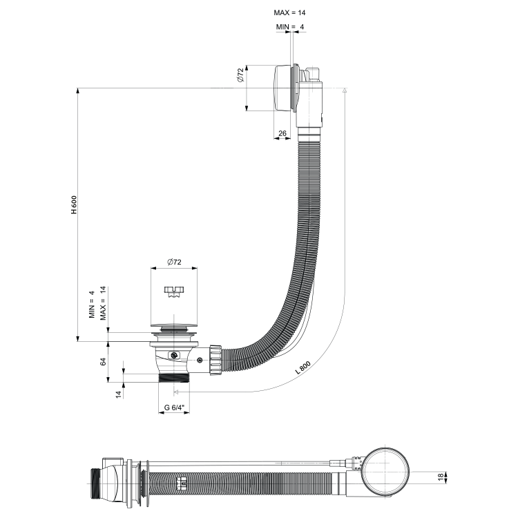 Syfon automatyczny z korkiem do wanny długość 800 mm, korek 72 mm, czarny mat 71852.21 rysunek techniczny