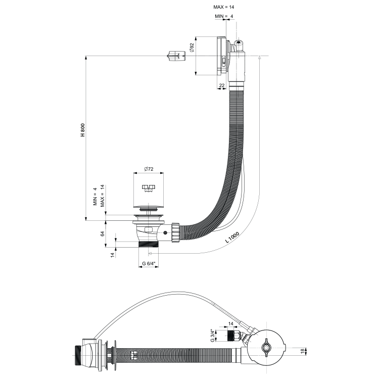 Syfon automatyczny do wanny z napełnianiem, dł. 1000 mm, korek automatyczny 72 mm, biały 71855.10 rysunek techniczny