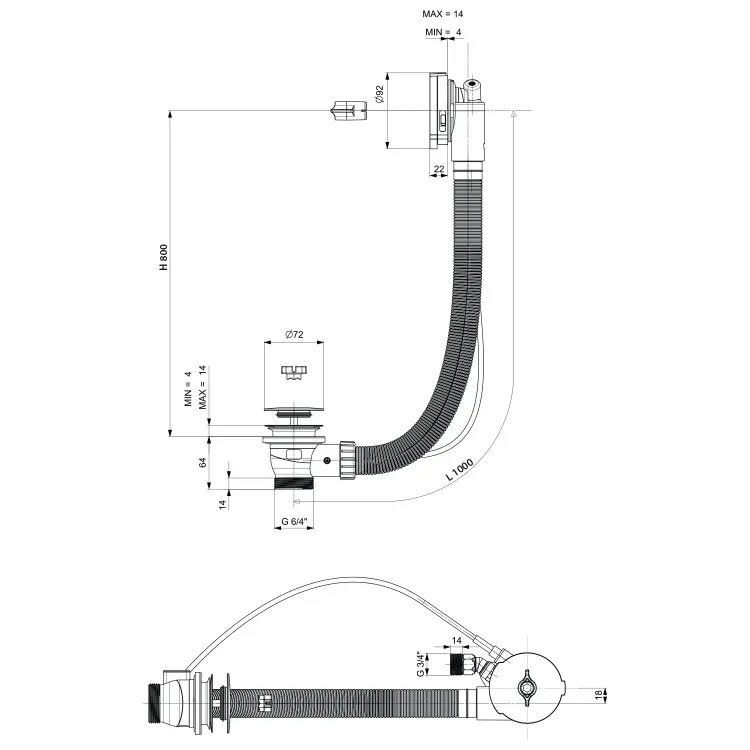 Syfon automatyczny do wanny z napełnianiem, dł. 1000 mm, korek automatyczny 72 mm, czarny mat 71855.21 rysunek techniczny