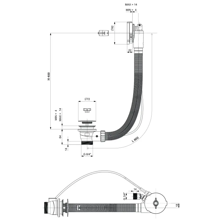 Syfon automatyczny do wanny z napełnianiem, dł. 600 mm, korek automatyczny 72 mm, czarny mat 71851.21 rysunek techniczny