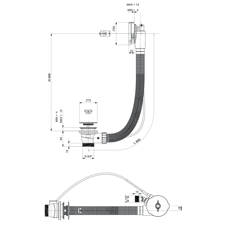 Syfon automatyczny do wanny z napełnianiem, dł. 600 mm, korek automatyczny 72 mm, chrom 71851 rysunek techniczny