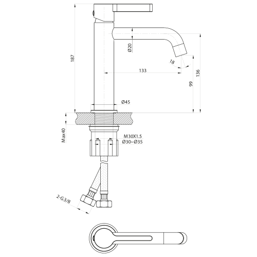 ICONIC Bateria umywalkowa stojąca chrom AF002 rysunek techniczny