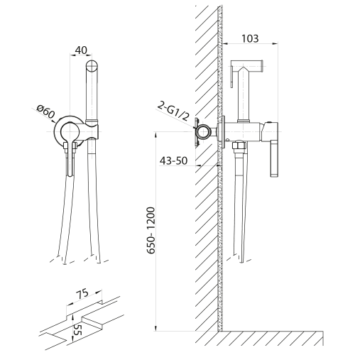 ICONIC bateria bidetowa podtynkowa ze słuchawką bidetową i wężem, chrom AF040 rysunek techniczny