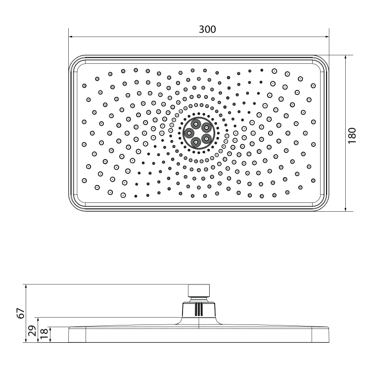 Deszczownia prostokąt 30x15 cm chrom SK851 rysunek techniczny
