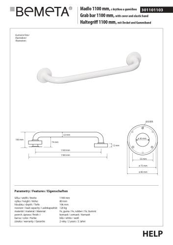 Poręcz łazienkowa prosta 110 cm biała z kołnierzem osłonowym 301101103 rysunek techniczny