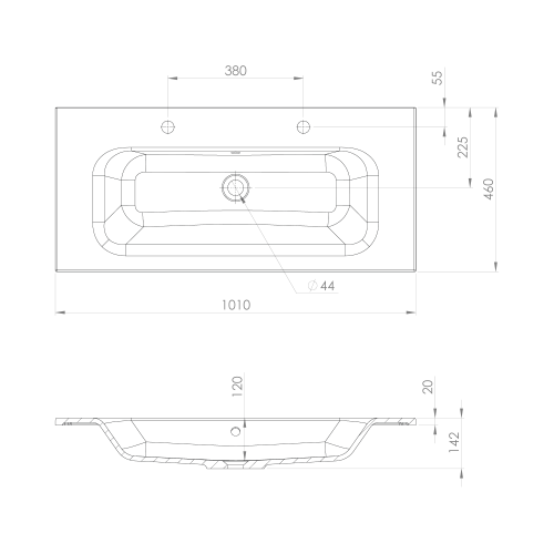 SIDRA umywalka kompozytowa 101x46cm, 2 otwory na baterie, czarny mat SD101B-2  rysunek techniczny