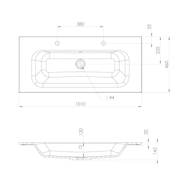 SIDRA umywalka kompozytowa 101x46cm, 2 otwory na baterie, czarny mat SD101B-2  rysunek techniczny