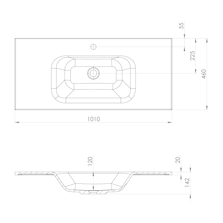 SIDRA umywalka kompozytowa 101x46 cm, czarny mat SD101B rysunek techniczny
